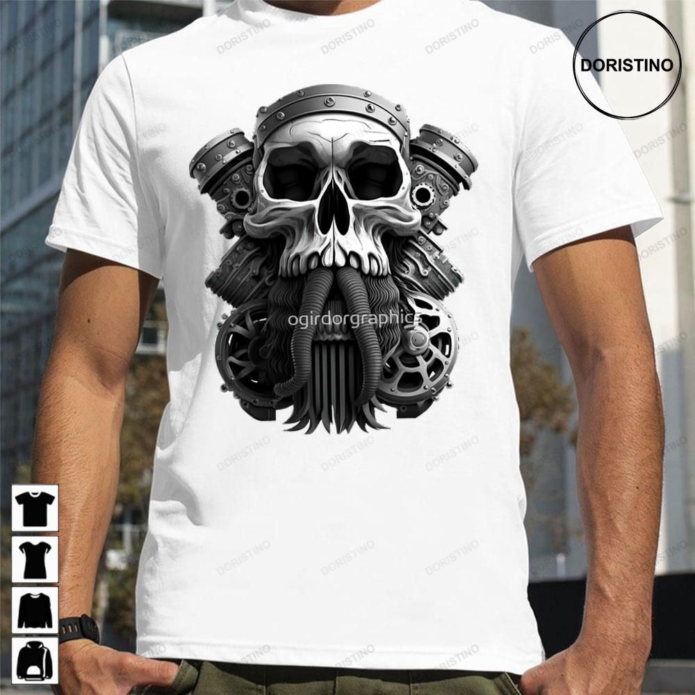 Skull Beard Dark Mechanic Piston Car Motorcycle Black White Awesome Shirts